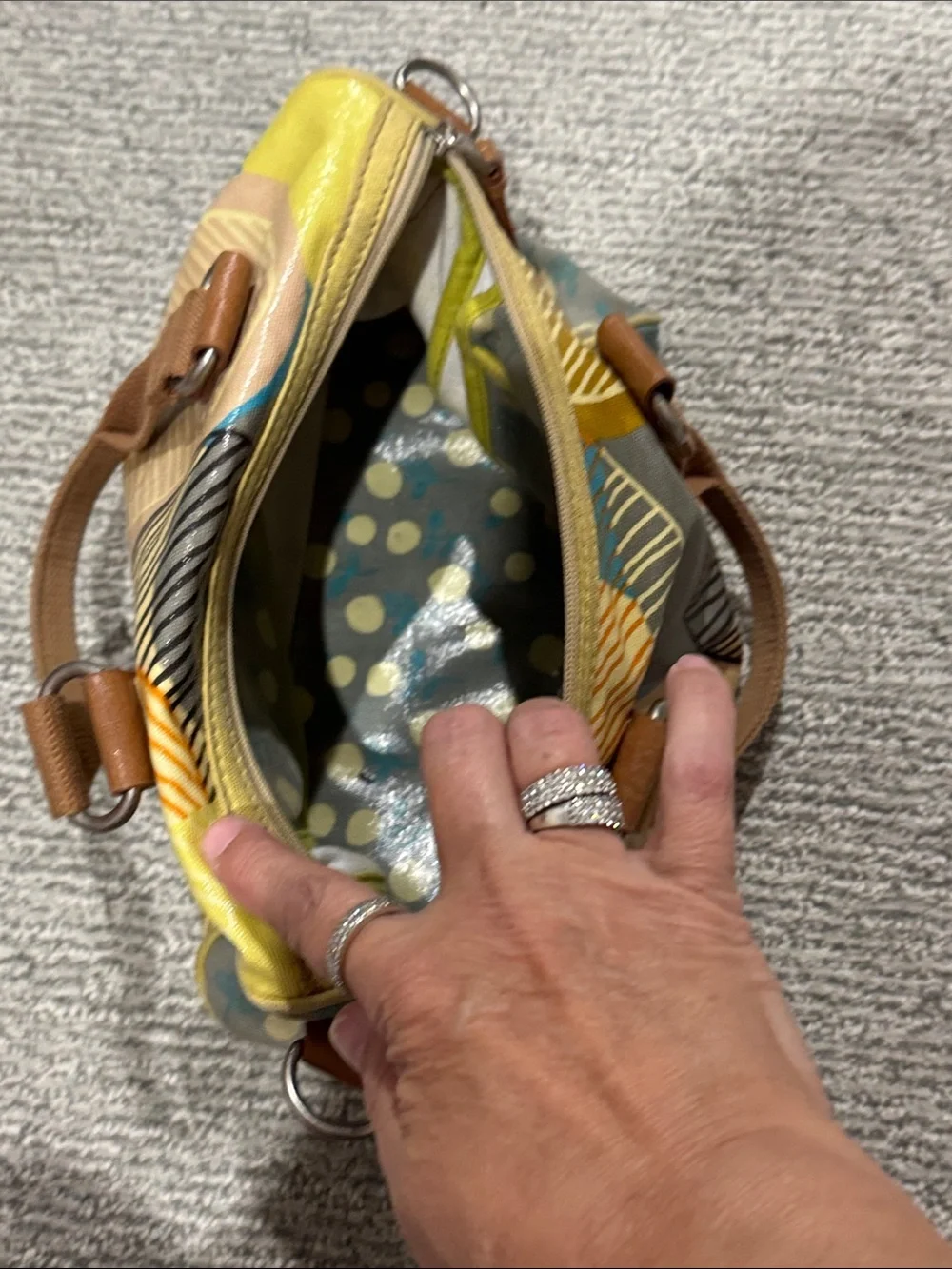 Fossil Circle Print satchel in Blue, Yellow & Tan
